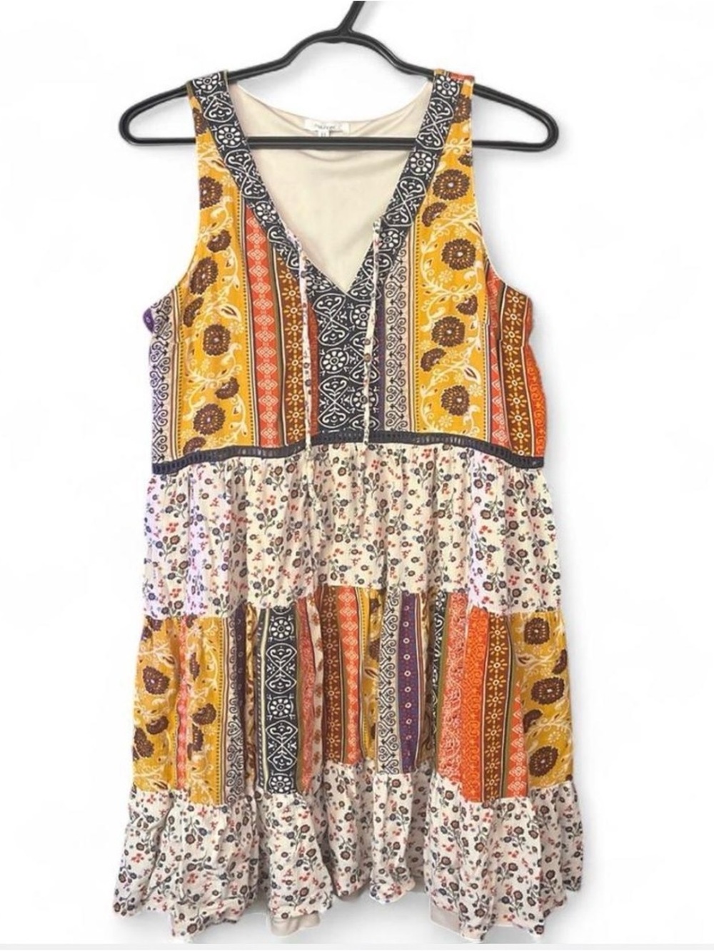 Boho Vintage Patchwork Maurices Tiered V-Neck Sundress in Mustard Orange & Cream